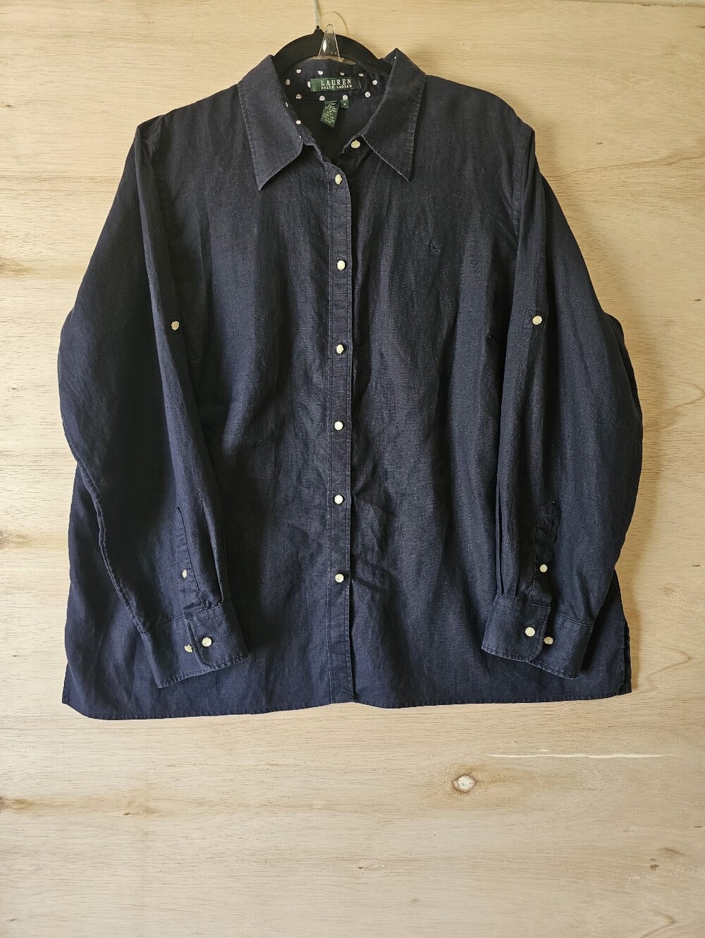 LAUREN Ralph Lauren 100% Linen Shirt Women 1X Navy Blue Polka Dot Trim Roll-Tab